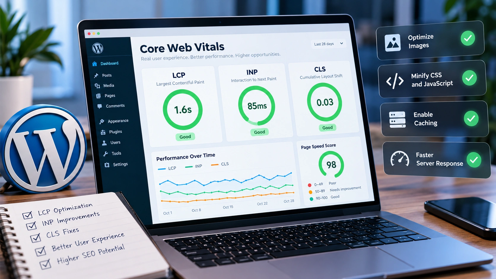 Proposed alt text: WordPress performance dashboard showing Core Web Vitals measurements for LCP, INP and CLS.