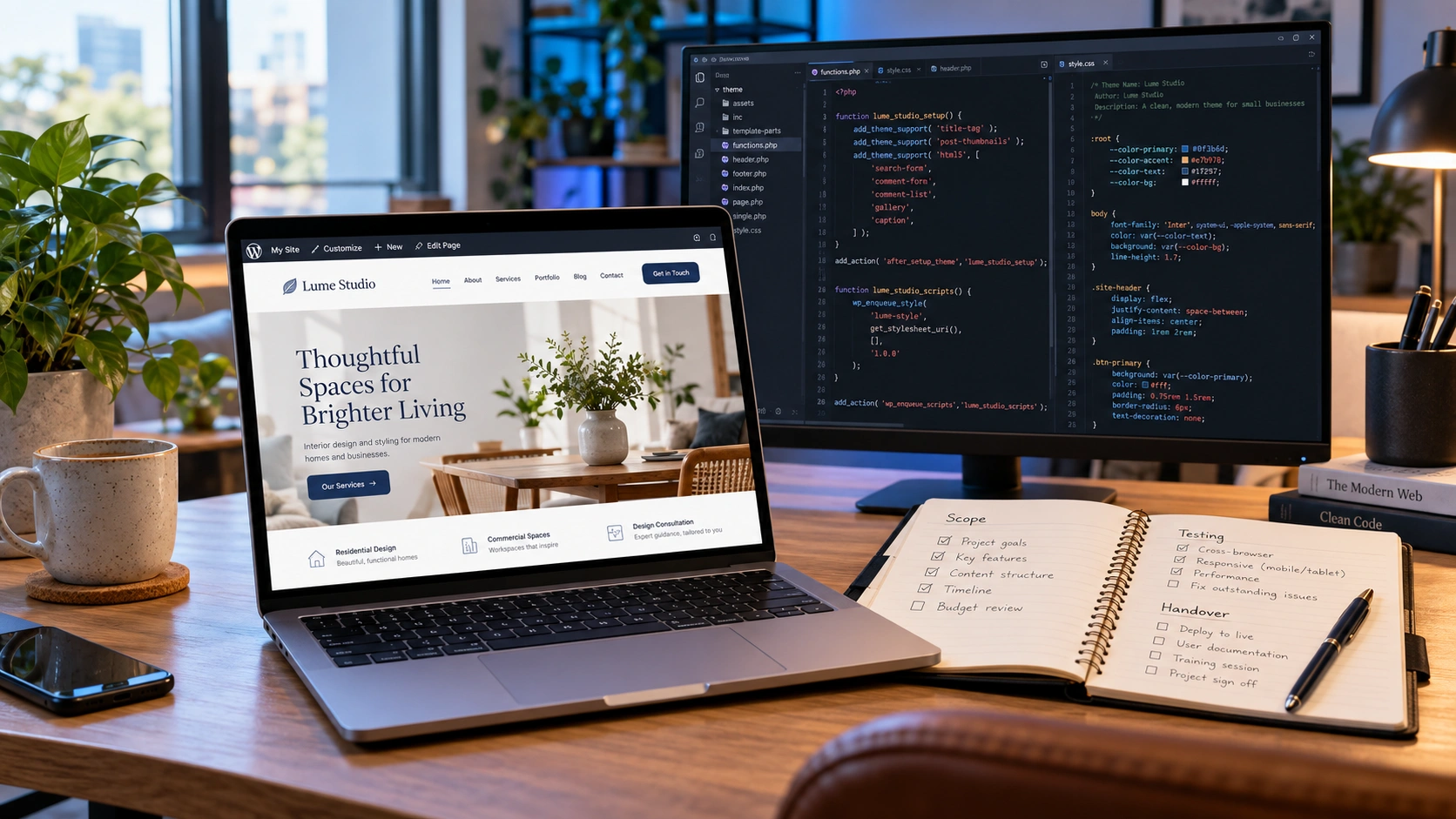 Developer workspace with a business website on a laptop and code on a second screen.