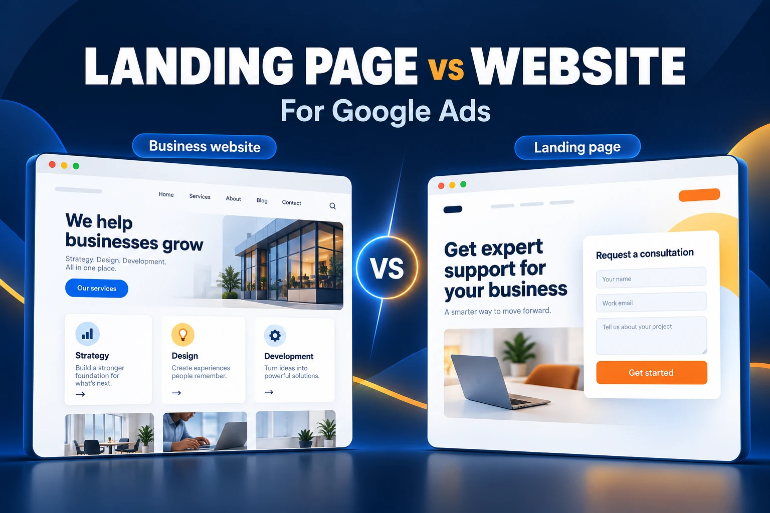 Business homepage and dedicated Google Ads landing page displayed side by side.