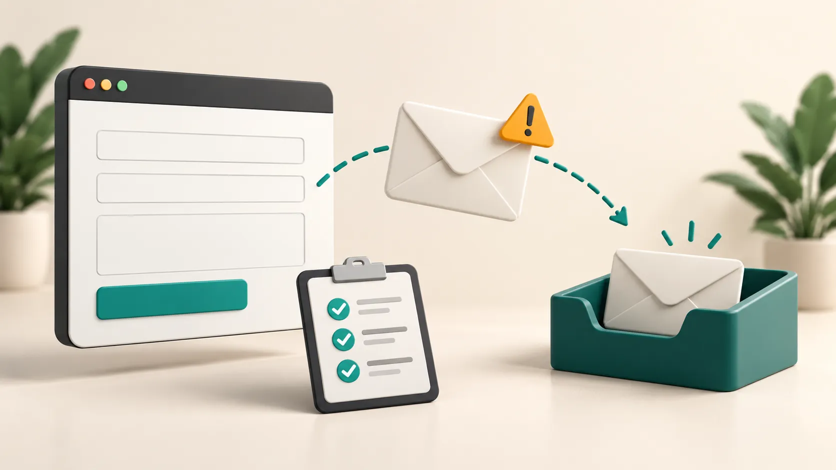 Illustration of a WordPress contact form connected to an email inbox beside a troubleshooting checklist.