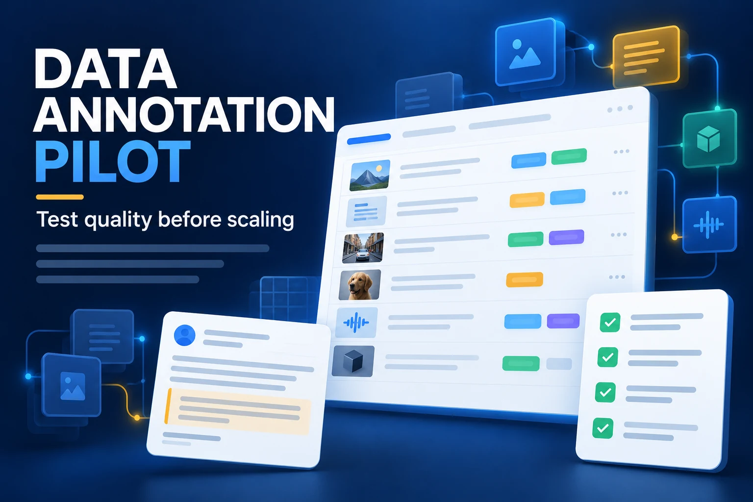 Data annotation pilot showing sample records, label reviews and an acceptance checklist.
